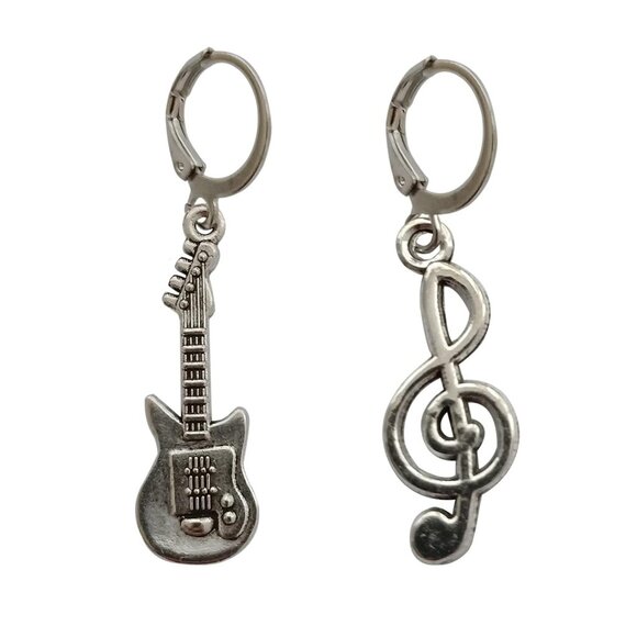 Jewelry - Antique Silver Guitar Mismatch Music Note Earrings for Music Lovers